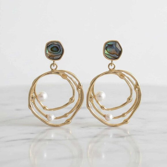 2/$21 Round Faux Abalone Pearl Dangle Earrings - Picture 1 of 11